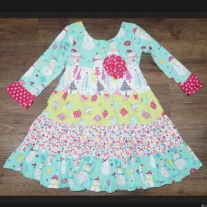 Girls Jelly The Pug Holiday Festive Christmas Snowman Tiered Ruffle Dress size 6